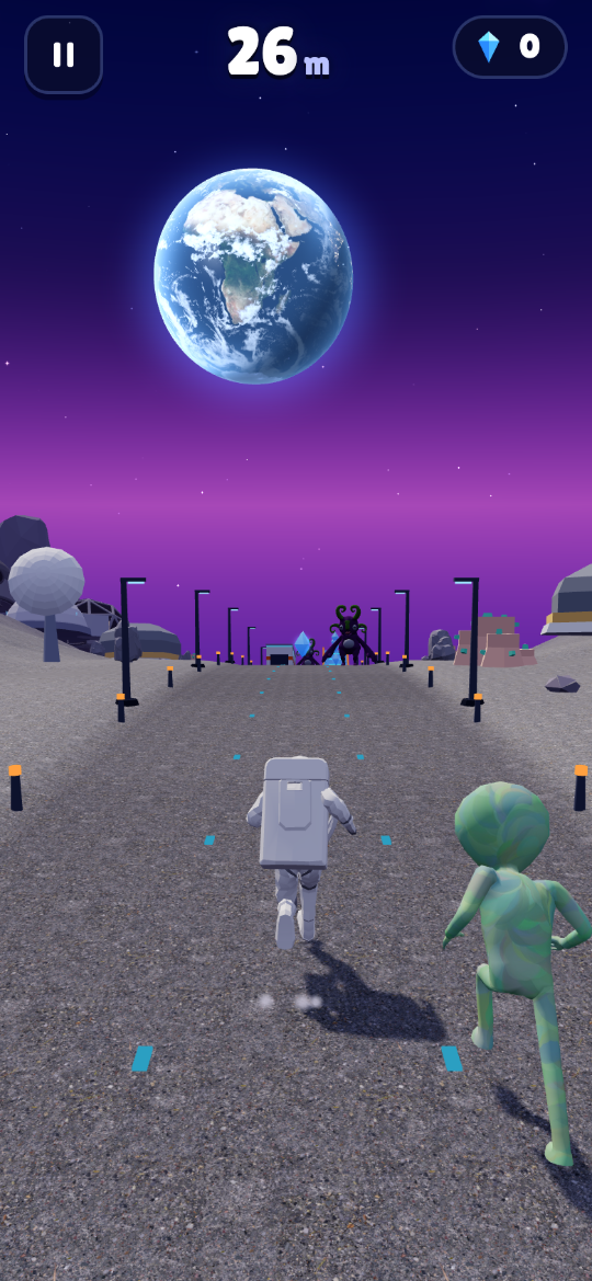 Solar Runner screenshot: the astronaut running with the green alien chasing