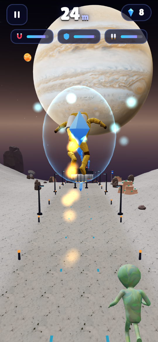 Solar Runner screenshot: dodging a cartoon monster in a lane
